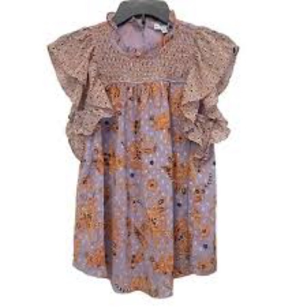 Maison d’Amelie Boho Paisley Smocked Ruffle Sleeve Blouse Lavender Rust